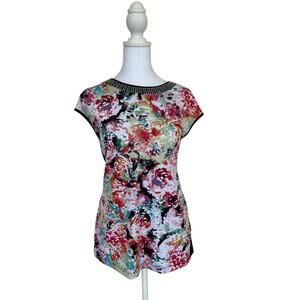 New Options Watercolor Floral Embellished Neck Sleeveless Top Sz M Feminine